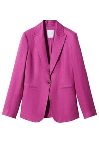 Blazer en lin fuchsia avec revers crantés, fermeture par un seul bouton et deux poches avant. Caractérisé par une coupe ajustée et une texture lisse.