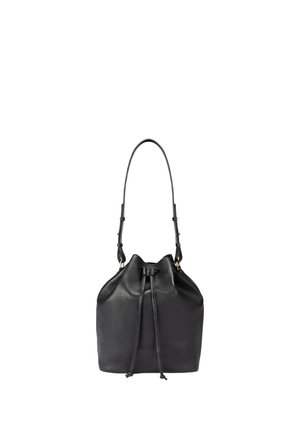 Black leather bucket bag with adjustable shoulder strap and drawstring closure, displayed on white background.