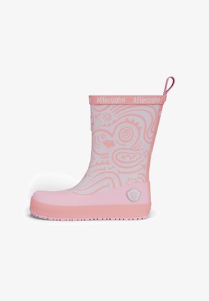 Pinker Gummiregenstiefel mit weißem Wirbelmuster, rundem Zehenbereich, profilierter Sohle und einer Schlaufe an der Rückseite. Markenlogo sichtbar.