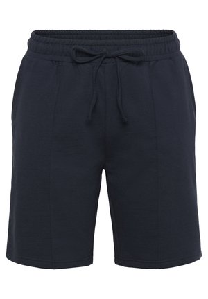 Navy blue sweat shorts made of cotton blend, featuring an elastic waistband with drawstring and side pockets for convenience.