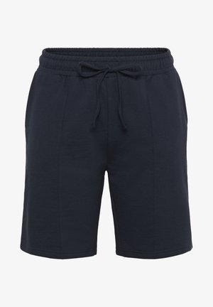 Sötétkék, pamutkeverékből készült sportnadrág, rugalmas derékkal és zsinórral, oldalzsebekkel a kényelem érdekében.