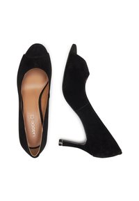 Čierne semišové lodičky s otvorenou špičkou a zúženým tvarom. Majú hladkú, svetlohnedú stielku a nízky, lesklý podpätok ako doplnok. Elegantný a minimalistický dizajn.