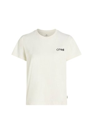 T-shirt en coton crème clair à manches courtes, col rond, avec le logo noir "O'Neill" sur le côté gauche de la poitrine. Design simple et décontracté.