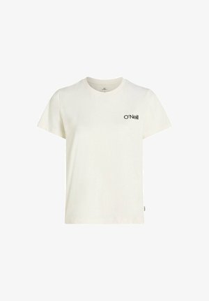 T-shirt en coton crème clair à manches courtes, col rond, avec le logo noir "O'Neill" sur le côté gauche de la poitrine. Design simple et décontracté.