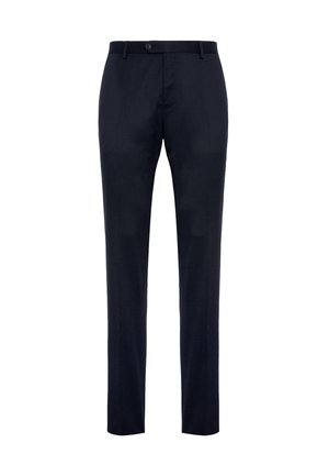 Pantaloni tailored navy realizzati in un tessuto liscio, con chiusura a bottone, tasche laterali e design a gamba dritta.