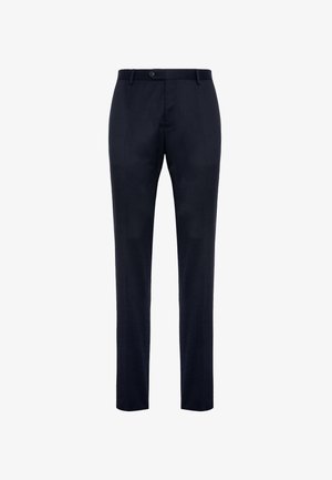 Pantaloni tailored navy realizzati in un tessuto liscio, con chiusura a bottone, tasche laterali e design a gamba dritta.