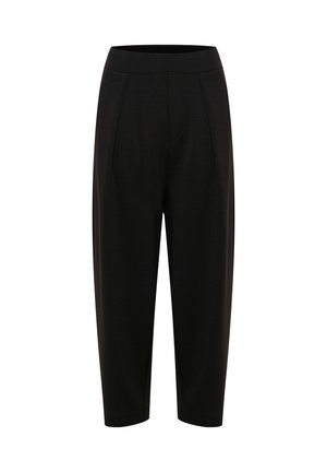 Pantaloni neri a vita alta, tagliati sopra la caviglia, con vestibilità a gamba dritta e dettagli sottili con cuciture frontali.