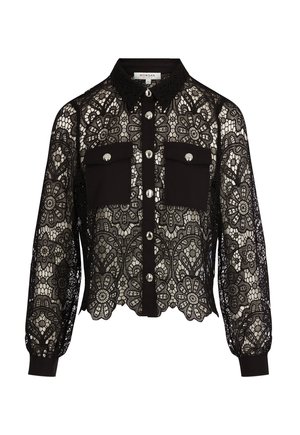 Sort blomstret blondebluse med lange ærmer, sølvknapper, to brystlommer med klap og en skåret kant.