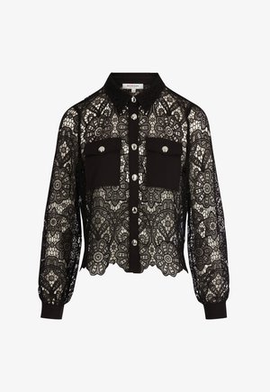 Schwarze, langärmlige Bluse aus floraler Spitze mit silbernen Knöpfen, zwei Brustklappentaschen und einem wellenförmigen Saum.