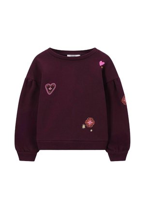 Sweatshirt bourgogne avec des poignets élastiques et un col rond. Présente des accents de broderie en forme de cœur rose et de fleurs sur le devant. Matière douce.