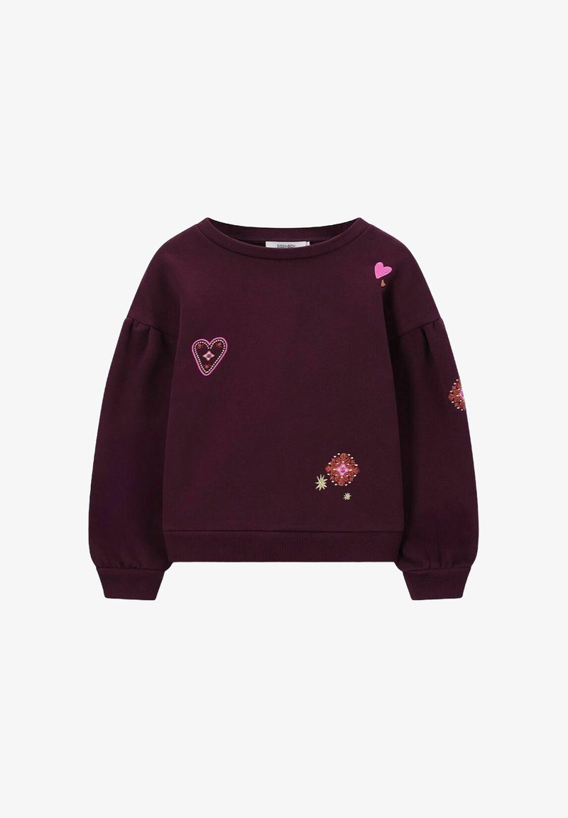 Sweatshirt bourgogne avec des poignets élastiques et un col rond. Présente des accents de broderie en forme de cœur rose et de fleurs sur le devant. Matière douce.