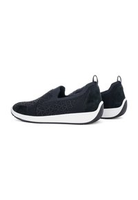 Schwarze Slip-On Sneaker verfügen über ein strukturiertes Strick-Obermaterial mit Rautenmuster, Wildlederakzenten und einer weißen Gummisohle mit gebogener Form.