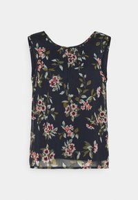 Top sans manches à fleurs de couleur marine avec des fleurs roses et vertes. Il présente un col rond et un tissu doux et léger. Texture lisse avec une coupe décontractée.