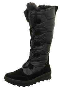Schwarzer Schneestiefel mit gestepptem Nylon-Obermaterial, Kunstfellbesatz an der Oberkante und Gummisohle. Verfügt über ein Schnürsystem mit runden Ösen.