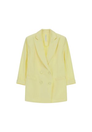 Blazer giallo chiaro doppiopetto con rever con la rientranza, maniche lunghe, due tasche frontali e bottoni rivestiti in tessuto.