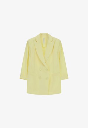 Blazer giallo chiaro doppiopetto con rever con la rientranza, maniche lunghe, due tasche frontali e bottoni rivestiti in tessuto.