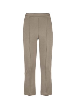 Taupe-farbene, gerade geschnittene Hose mit hohem Bund, Frontnaht-Details und elastischem Bund, vor weißem Hintergrund präsentiert.