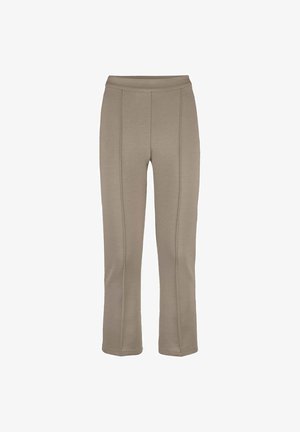 Taupe-farbene, gerade geschnittene Hose mit hohem Bund, Frontnaht-Details und elastischem Bund, vor weißem Hintergrund präsentiert.