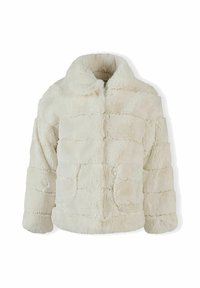 Puffjacka i mjuk, tjock fuskpäls i elfenben. Har krage, långa ärmar och en något oversized passform med quiltad textur.
