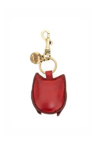 Portachiavi in pelle rossa con hardware in ottone, caratterizzato da una forma arrotondata e dettagli di cucitura visibili. Include un moschettone e un anello per le chiavi.