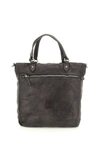 Borsa tote in pelle di colore grigio scuro con due manici superiori. Caratterizzata da una tasca frontale con zip e dettagli in metallo. Texture liscia con una finitura leggermente stropicciata.