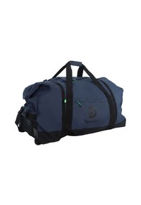 Bolsa de deporte azul marino con acentos negros, que cuenta con dos asas, ruedas y un logo exterior. Tejido resistente con bolsillos con cremallera.