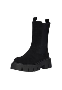Black suede ankle boot with elastic side panels, a chunky rubber sole, and pull tabs. The design features a rounded toe and textured finish.