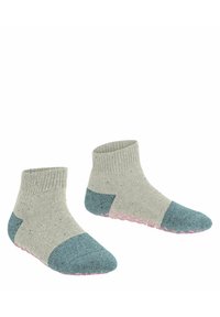Baumwoll-Sneaker-Socken mit grauem Körper, türkisfarbenen Fersen und Zehen, sowie pinken Gummi-Griffakzenten und einem gerippten Bund. Kleine, mehrfarbige Sprenkel über den Socken verteilt.