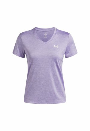 T-shirt sportivo a scollo a V di colore viola chiaro, realizzato in tessuto morbido con una texture melangiata, con un logo bianco sul petto sinistro.