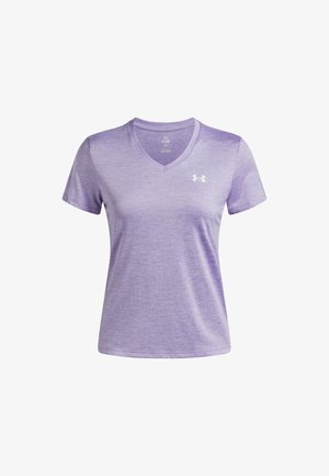 V-neck athletic t-shirt in light purple, made of soft fabric with a heathered texture, featuring a white logo on the left chest.