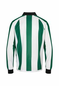 Chemise à manches longues avec rayures verticales vertes et blanches, col noir et poignets noirs, vue de dos sur fond blanc.