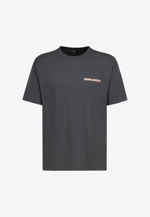 Dark gray short-sleeve crew neck T-shirt with light beige "WORLDWIDE" text printed on the left chest.