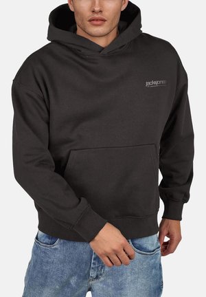 Black hooded sweatshirt with a front pocket, ribbed cuffs and hem, and a subtle logo on the left chest. Soft, durable fabric.