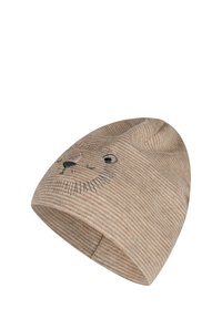 Knitted beige beanie with a striped pattern, featuring a lion face design, including whiskers and a nose, with rounded top.