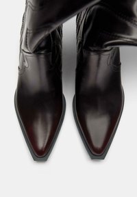 Bottines en cuir noir avec des orteils pointus et des détails de couture courbés. Texture lisse et silhouette élégante.