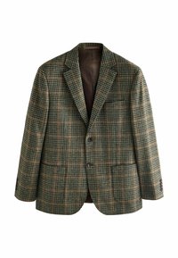 Tjekket blazer i grøn, brun og creme farver, med en notch lapel, to frontlommer og to knapper. Tekstureret stoffinish.