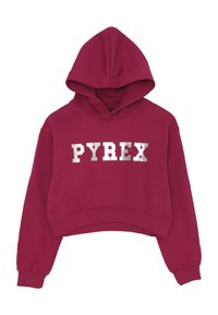 Felpa corta bordeaux con maniche lunghe e "PYREX" stampato in grandi lettere bianche sul petto.