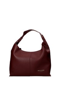 Borsa a spalla in pelle borgogna con forma arrotondata, finitura texturizzata e una sola tracolla. Presenta un marchio dorato sul davanti.