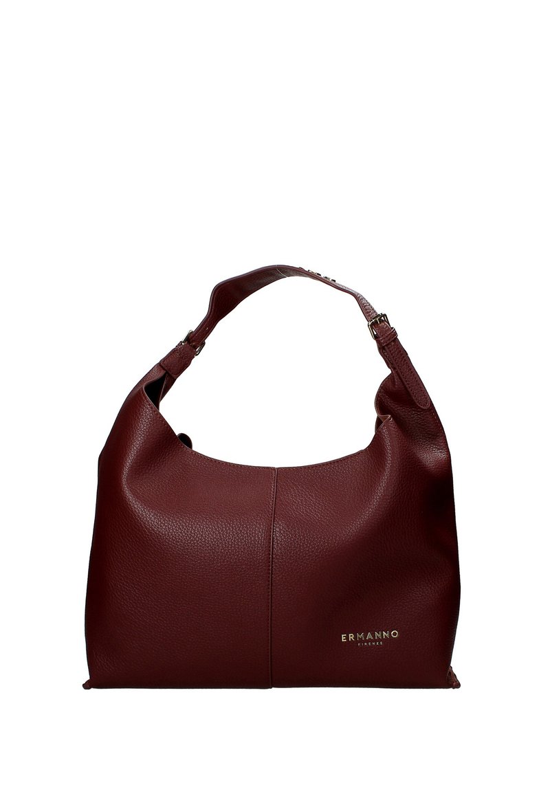 Borsa a spalla in pelle borgogna con forma arrotondata, finitura texturizzata e una sola tracolla. Presenta un marchio dorato sul davanti.