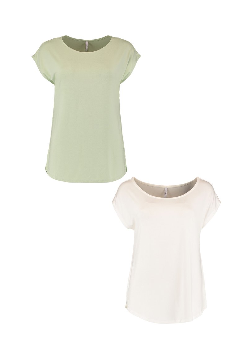Zwei Kurzarmoberteile: eines in Hellgrün und eines in Weiß. Weicher Stoff, runde Ausschnitte und eine lockere Passform mit seitlichen Schlitzen am Saum.
