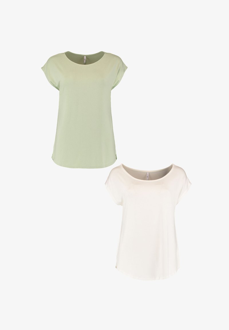 Zwei Kurzarmoberteile: eines in Hellgrün und eines in Weiß. Weicher Stoff, runde Ausschnitte und eine lockere Passform mit seitlichen Schlitzen am Saum.