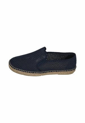 Marineblaue Espadrille zum Hineinschlüpfen mit gewebtem Mesh-Obermaterial und beiger Jutesohle, entworfen für den Freizeitgebrauch.