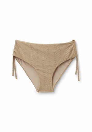 Bas de bikini beige taille haute avec motif chevron texturé et liens latéraux ajustables, posés à plat sur fond blanc.