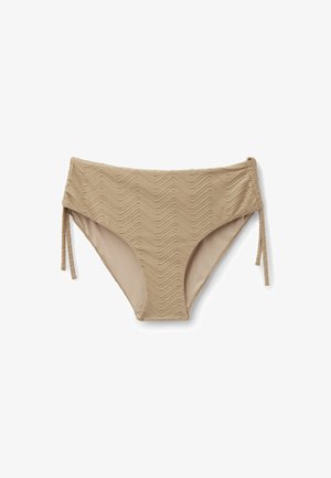 Bas de bikini beige taille haute avec motif chevron texturé et liens latéraux ajustables, posés à plat sur fond blanc.