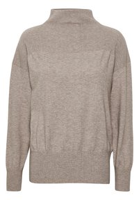 Ljusbrun stickad tröja med hög ribbad krage, långa ärmar och avslappnad passform. Har ribbade detaljer vid axlarna och ärmsluten.