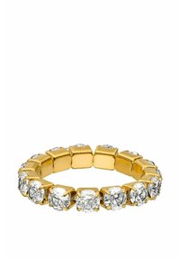 Goudvergulde ring met ronde, heldere kristallen in vierkante schakels, met een glanzende textuur en een continue cirkelvormige ontwerp.