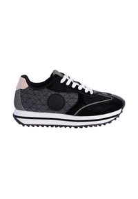 Zapatilla negra y gris con parte superior de tela texturizada, cordones blancos y un logo redondo. Presenta una entresuela blanca y una suela de goma negra.