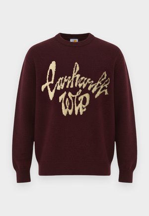 Burgundy knit sweater with long sleeves and a crew neck, featuring cream-colored embroidered text in a cursive style on the front.