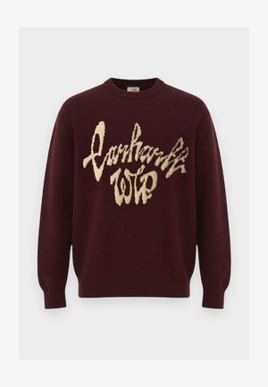 Burgundy knit sweater with long sleeves and a crew neck, featuring cream-colored embroidered text in a cursive style on the front.