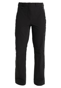 Black outdoor pants with zippered front pockets, belt loops, and a button closure, designed for hiking or active wear.